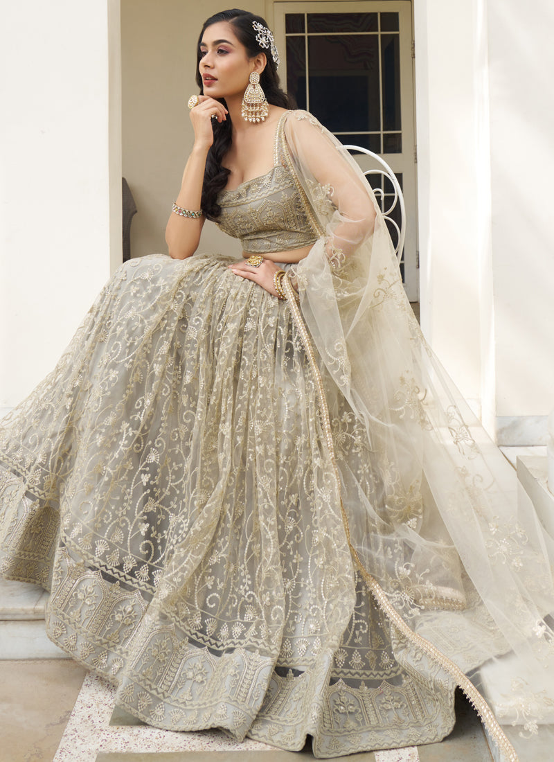 Ivory Butterfly Net Embroidery Thread Designer Wedding Lehenga