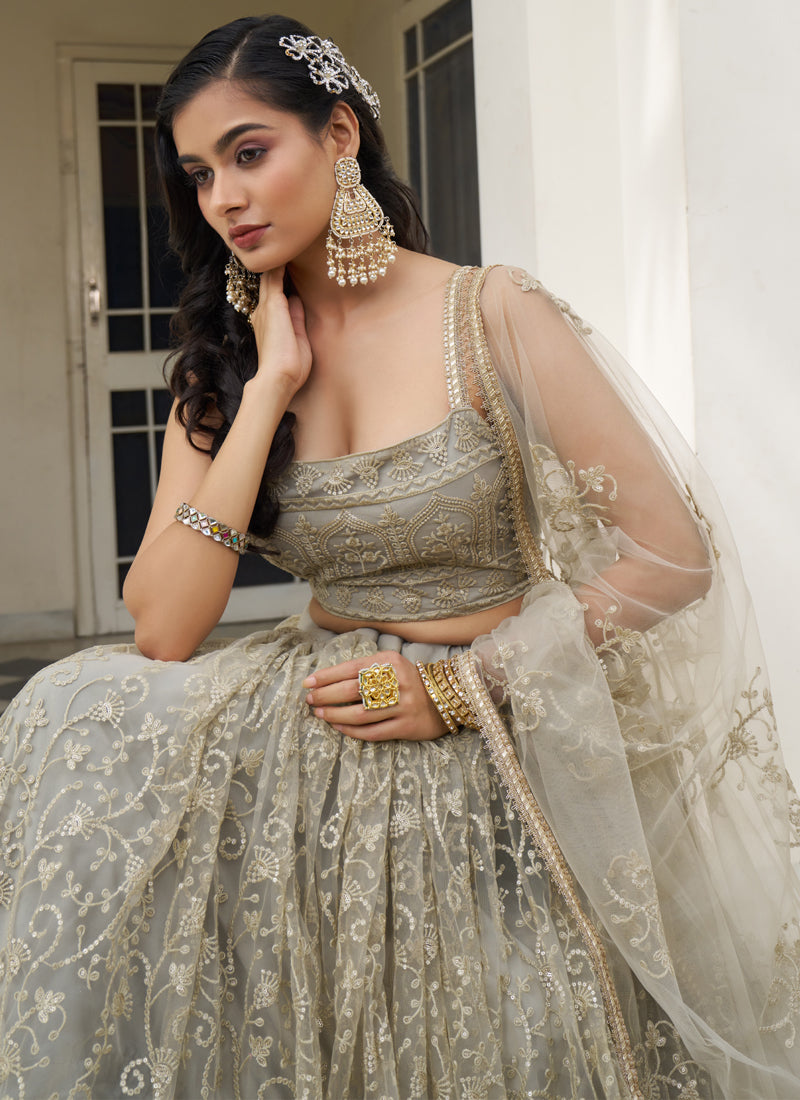 Ivory Butterfly Net Embroidery Thread Designer Wedding Lehenga