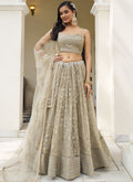 Close up of ivory butterfly net lehenga with designer thread embroidery