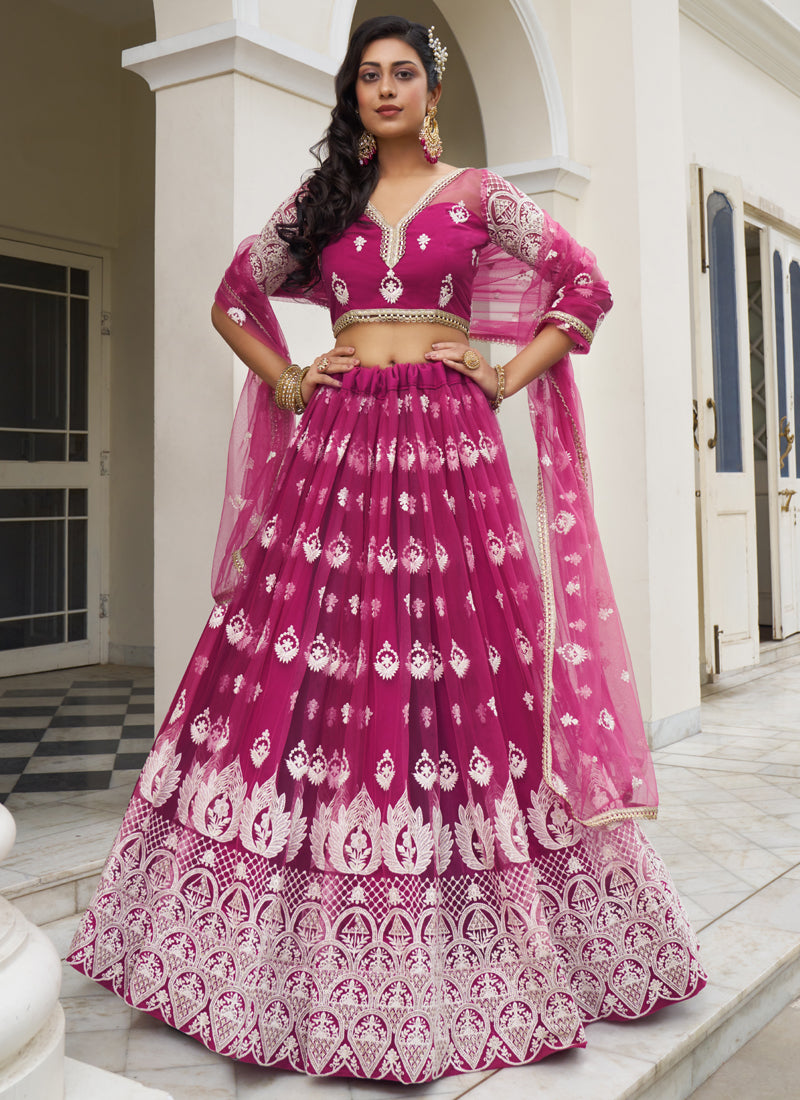 Pink Butterfly Net Embroidery Thread Work Designer Lehenga