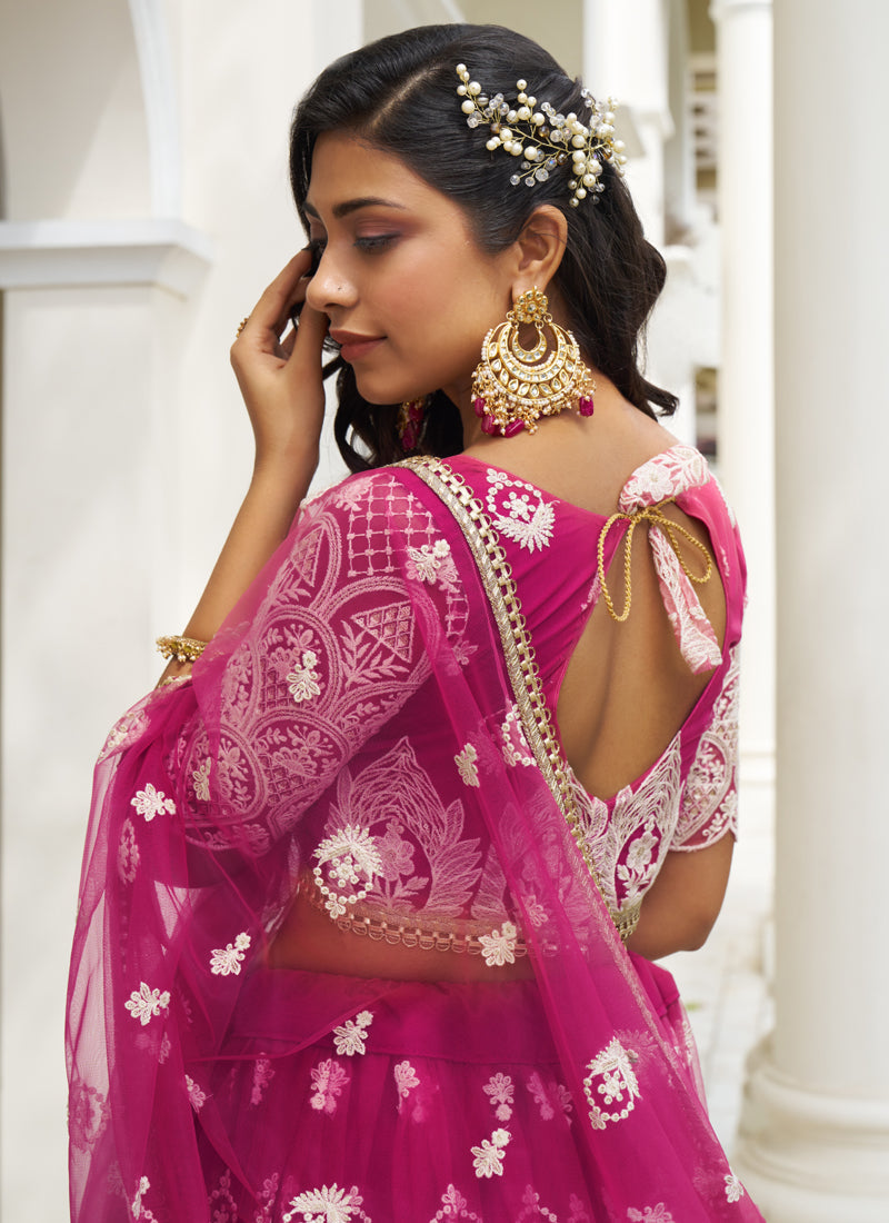 Pink Butterfly Net Embroidery Thread Work Designer Lehenga