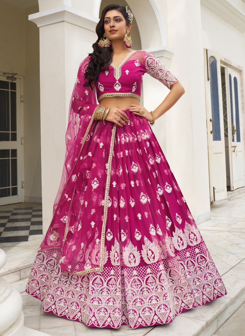 Pink butterfly net designer lehenga with decorative thread embroidery