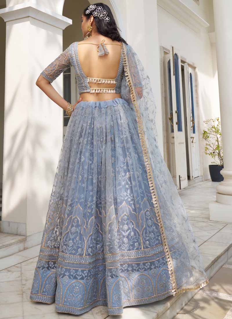 Sky Blue Butterfly Net Embroidered Designer Lehenga Set
