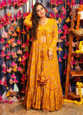 Yellow Chinon silk Indo-Western suit with palazzo pants and a stylish digital print shrug