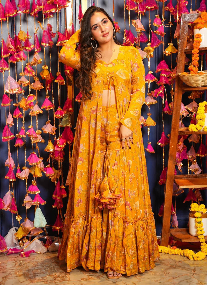 Yellow Chinon silk Indo-Western suit with palazzo pants and a stylish digital print shrug