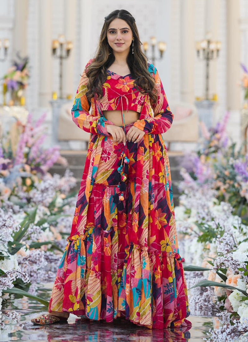 Multicolor Chinon silk palazzo suit featuring vibrant digital prints and a matching shrug for festive wear.