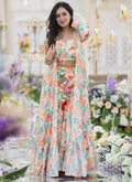Elegant off-white Chinon silk palazzo set with matching shrug and digital print design