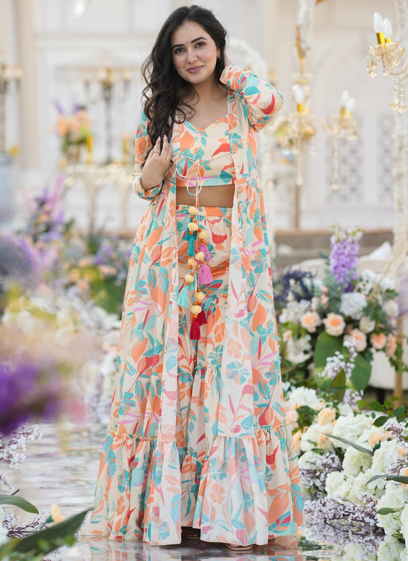 Elegant off-white Chinon silk palazzo set with matching shrug and digital print design