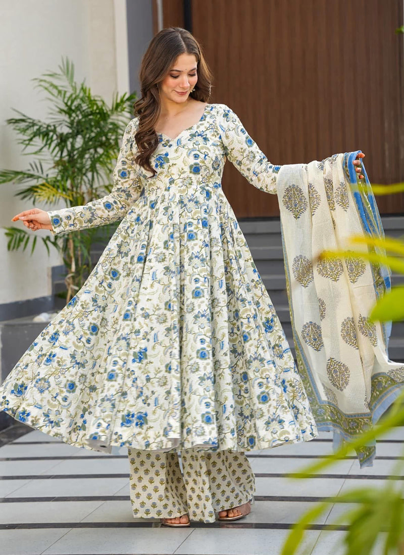 Off White Digital Print Muslin Salwar Suit for Festive Wear