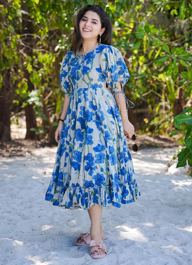 Elegant blue rayon western gown with vibrant digital prints and shimmering finish