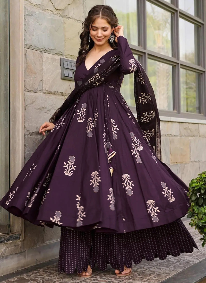 Dark purple digital printed pure muslin salwar suit for women at a formal event