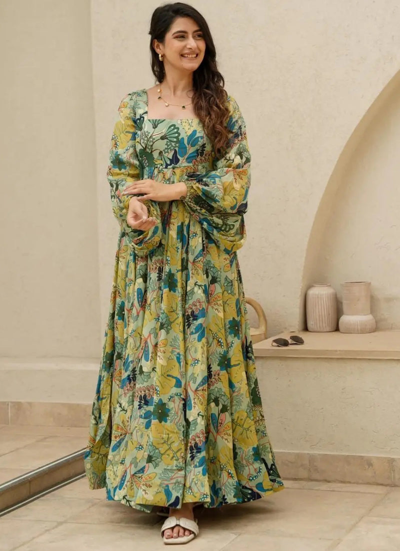Multi Color Chinon Silk Digital Print Designer Gown for Weddings