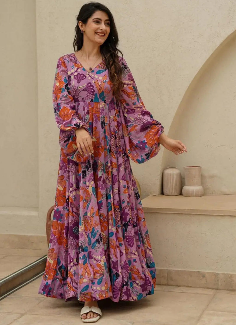 Elegant multicolor designer gown made from shimmering heavy air tex chinon silk with digital print.