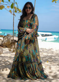 A vibrant multi-color Chinon silk designer gown with intricate digital prints for wedding occasions.