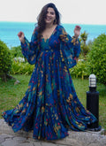 Multi-color Air Tex Chinon Silk designer gown featuring intricate digital prints and a shimmering finish.