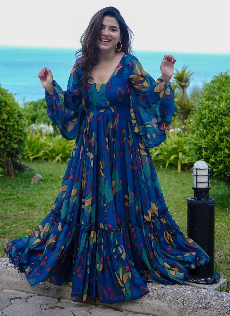 Multi-color Air Tex Chinon Silk designer gown featuring intricate digital prints and a shimmering finish.