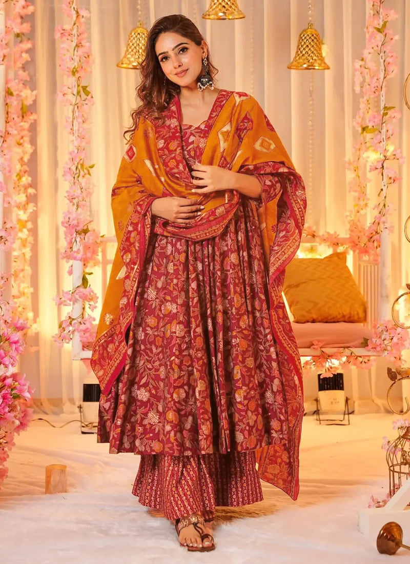 Red Muslin Digital Print Salwar Suit for Weddings & Festivals