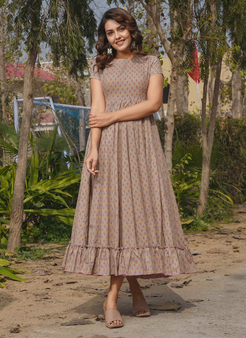 Beige Rayon Digital Print Designer Gown for Festive Occasions
