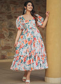 Off white rayon designer gown featuring artistic digital prints for festive weddings