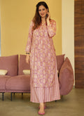 Model wearing a Coral Muslin Digital Print Designer Kurti Pant set for a festive event