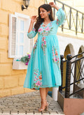 Sky blue rayon kurti with digital print and Kota checks pattern for festive occasions