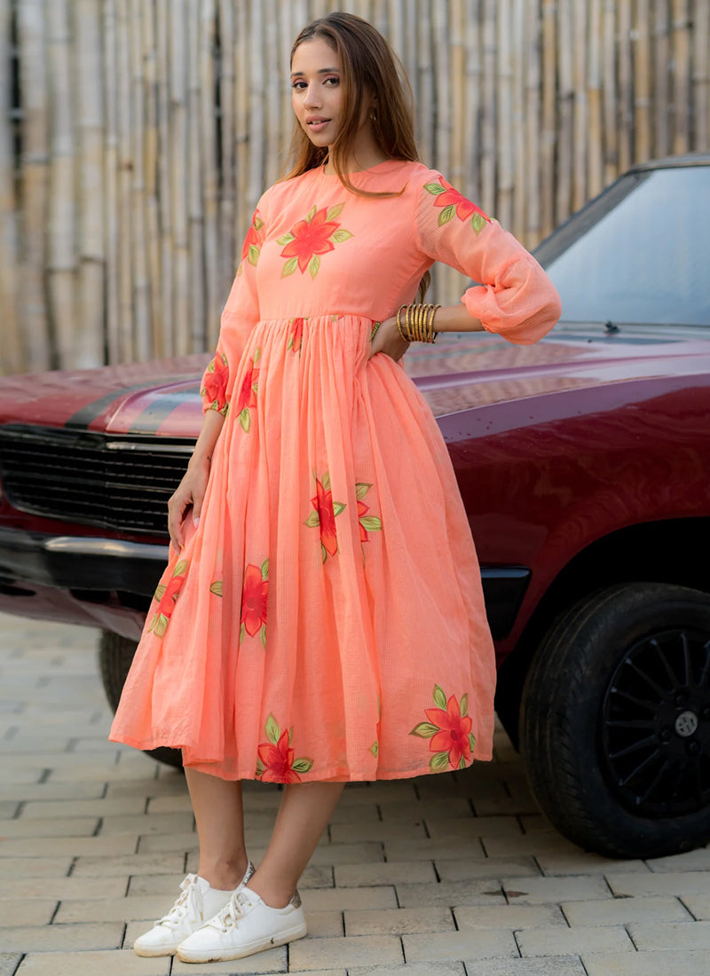 Peach rayon kurti with Kota checks pattern and digital print detail for women