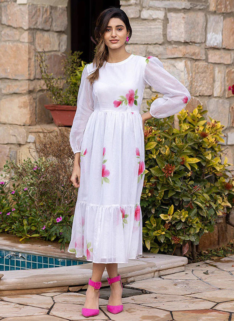 Off White Rayon Kota Checks Kurti with digital print and shimmer detailing