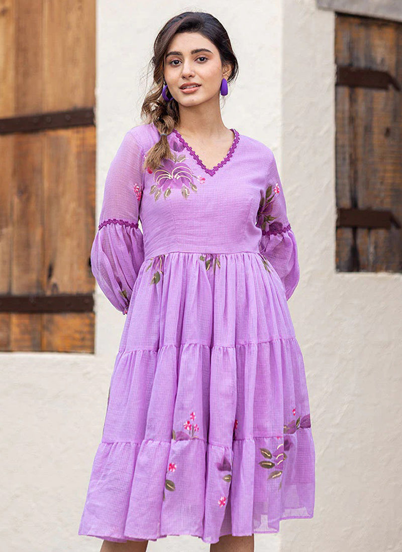 Lavender Rayon Kota Checks Digital Print Kurti for Festive Wear
