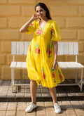 Yellow Rayon Kota Checks Kurti with digital print for festive occasion