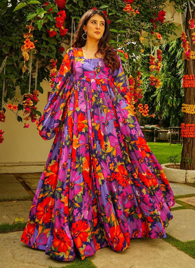 Model wearing a Multi Color Georgette Digital Print Designer Gown for festive occasions