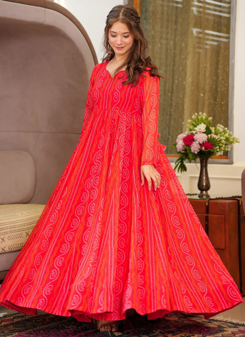 Elegant Red Georgette gown with digital print for festive occasions