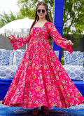 Elegant pink Georgette gown with a digital print design and shimmering finish for special events.