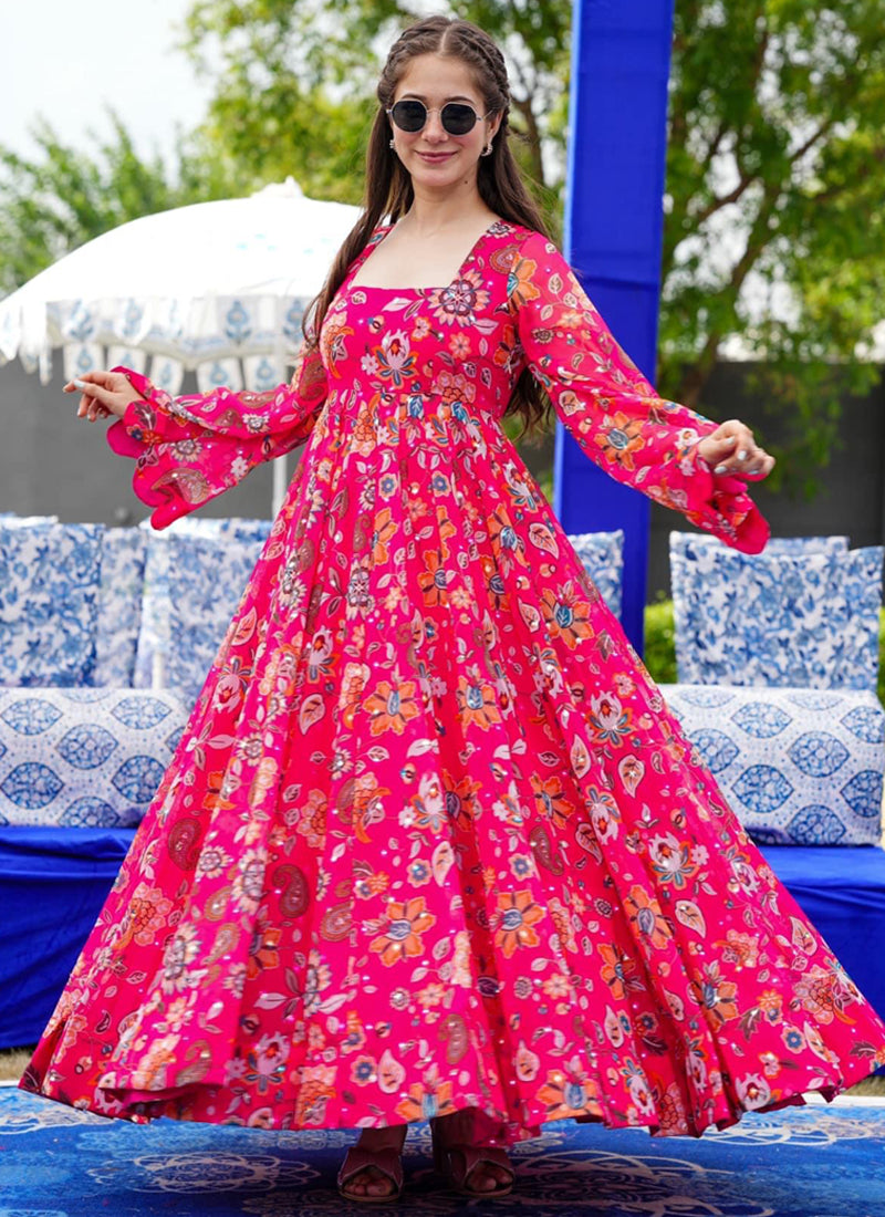 Elegant pink Georgette gown with a digital print design and shimmering finish for special events.