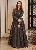 Coal Black muslin gown with digital prints, featuring an Indo-Western design for weddings.
