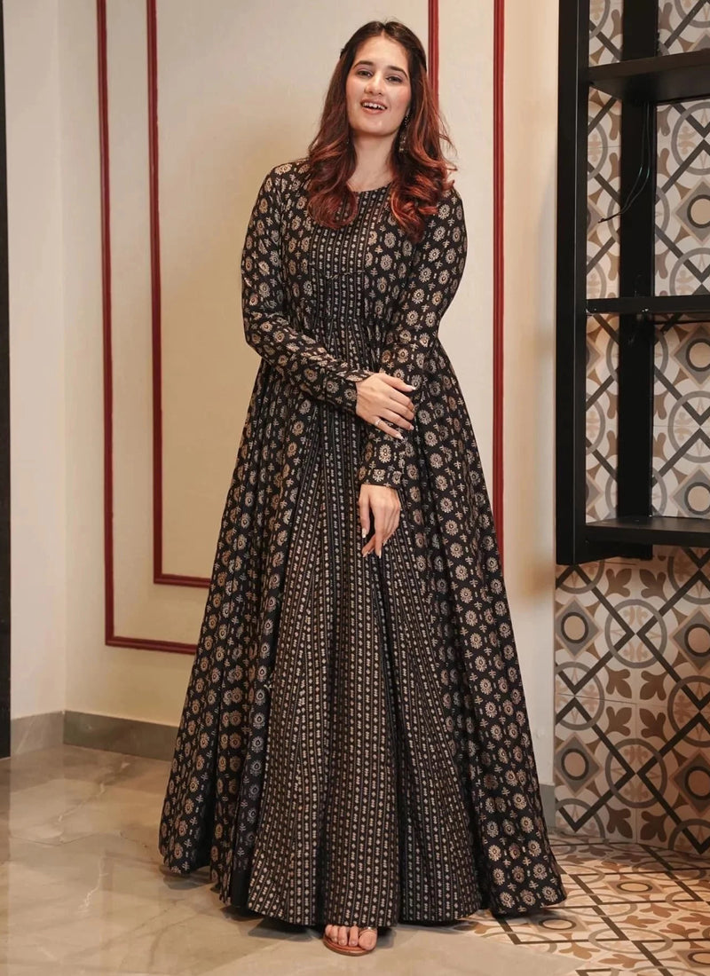 Coal Black muslin gown with digital prints, featuring an Indo-Western design for weddings.