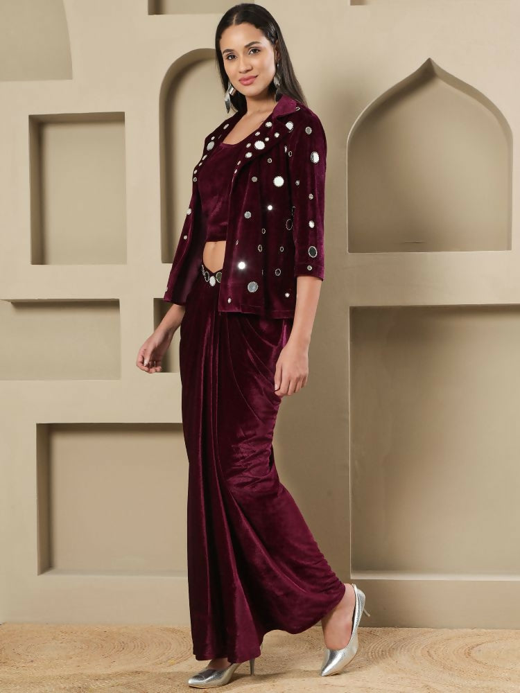 Women's Wine Velvet Hand Embellished Stitched Evening Dress