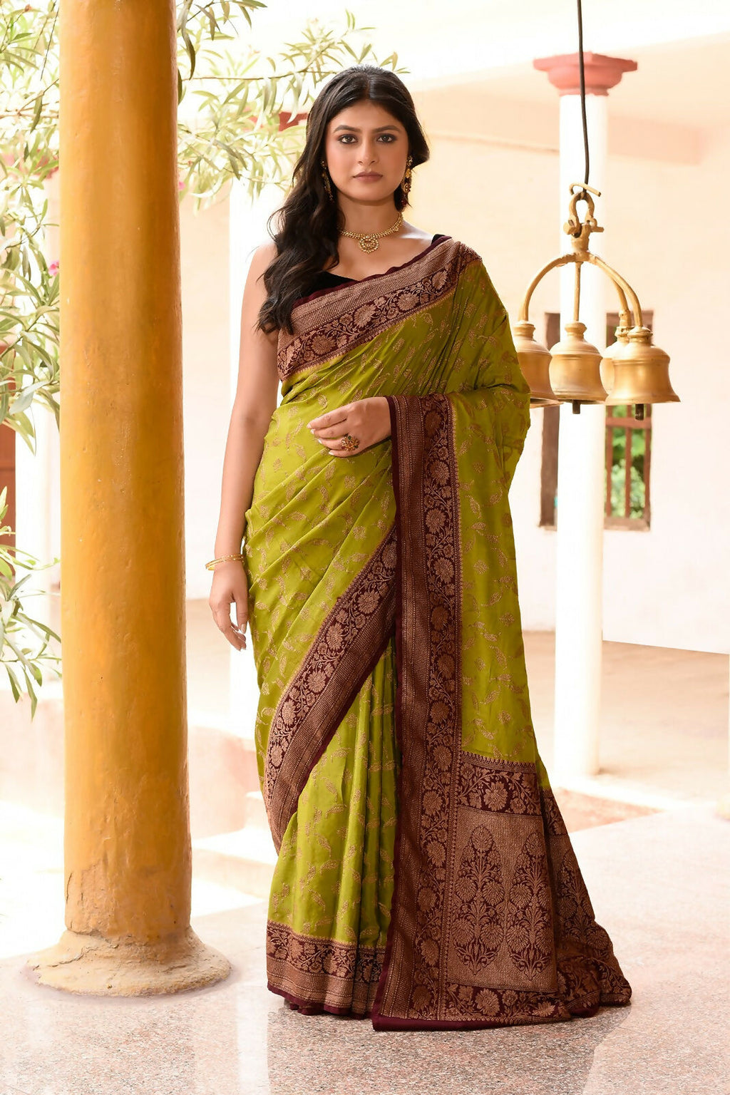 Grass Green Crepe Chiffon Banarasi silk saree with luxurious drape