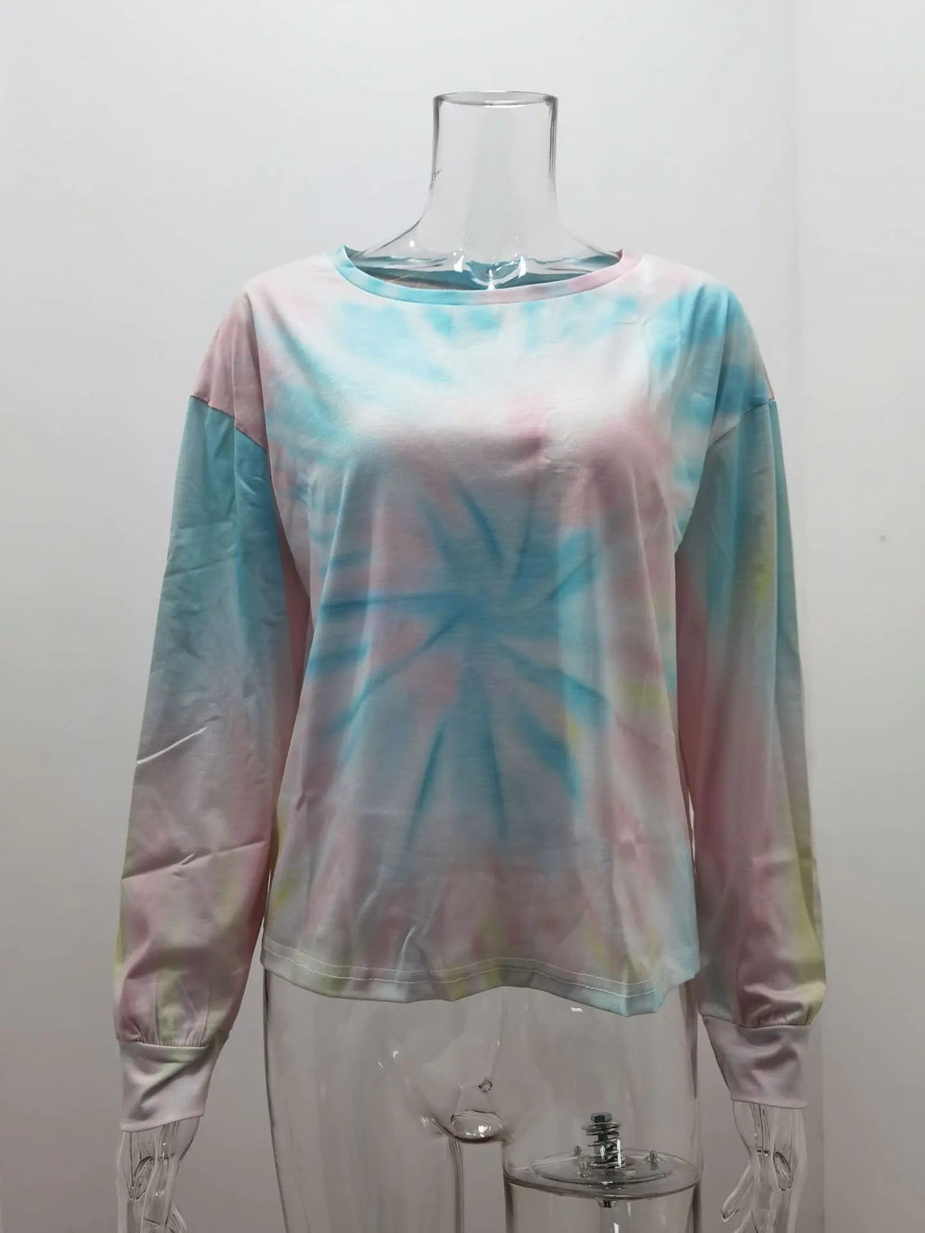 Women's Yellow and Green Tie Dye Long Sleeve Round Neck Top - Image 5