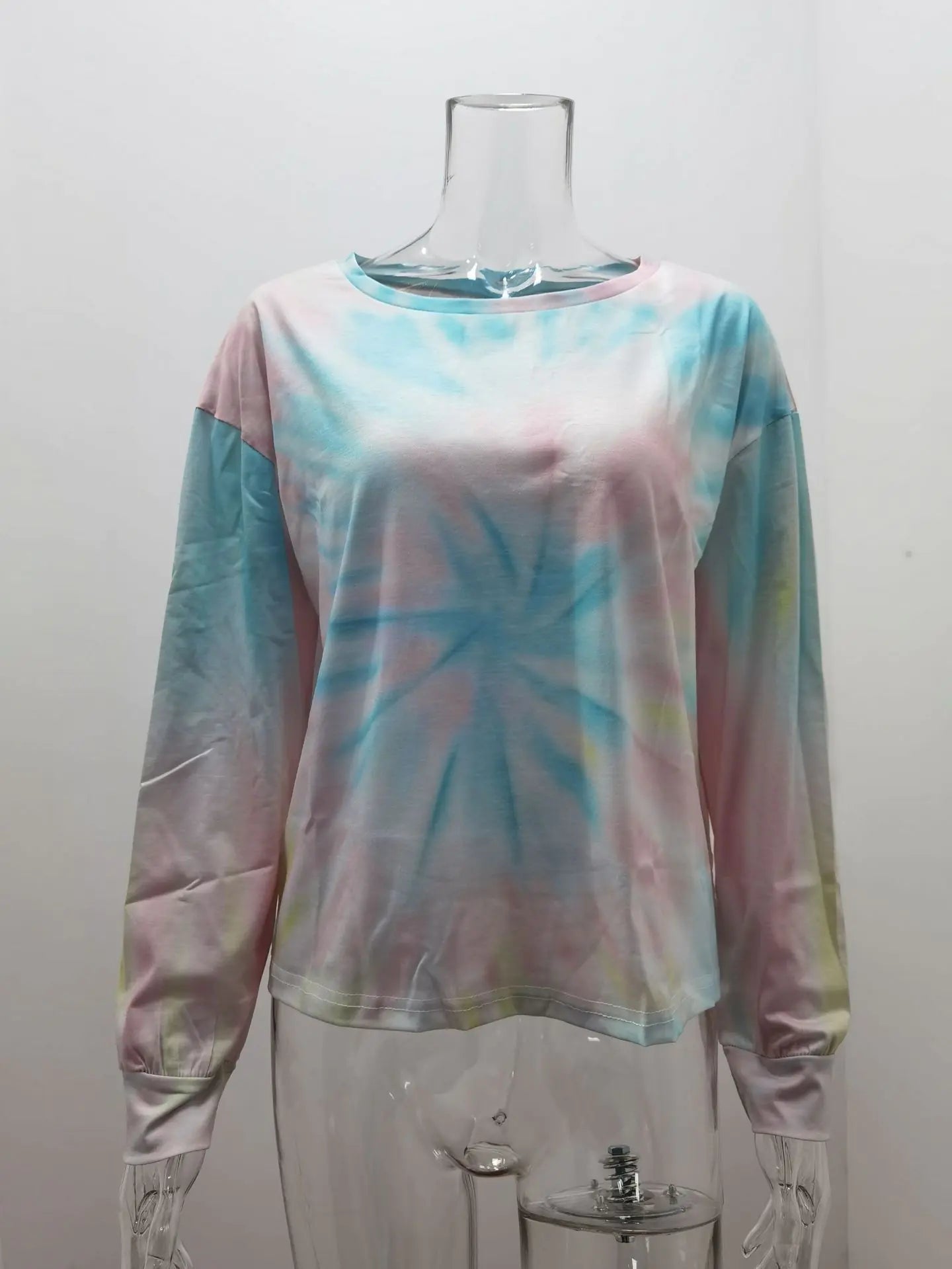 Women's Yellow and Green Tie Dye Long Sleeve Round Neck Top - Image 5