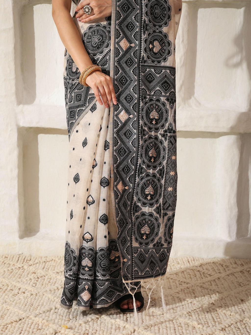 Black and Cream Linen Cotton Saree with Matching Blouse