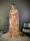 Peach soft silk Paithani saree with zari floral motifs and matching blouse