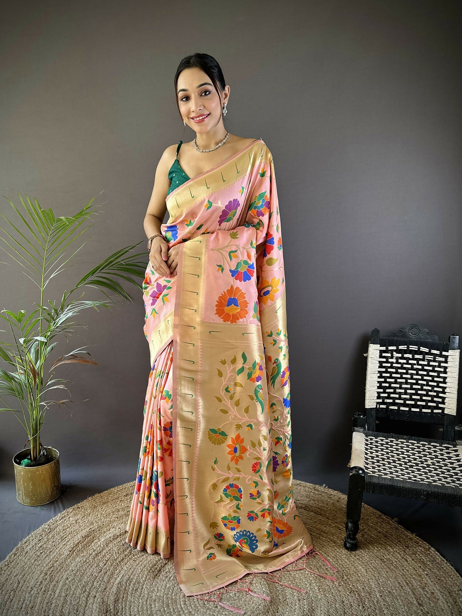 Peach soft silk Paithani saree with zari floral motifs and matching blouse