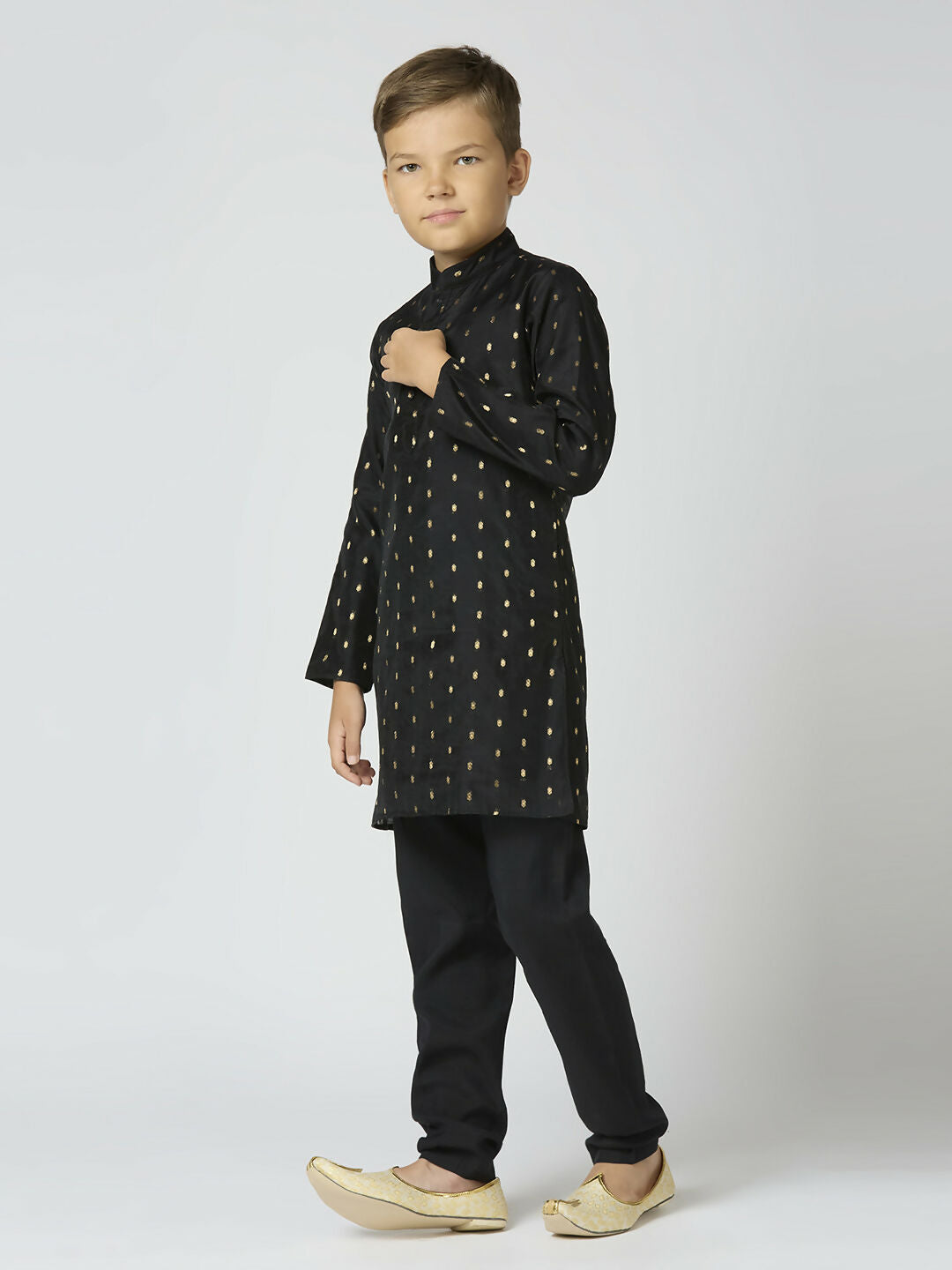 Boys Traditional Black Chanderi Kurta and Pyjama Set for Kids