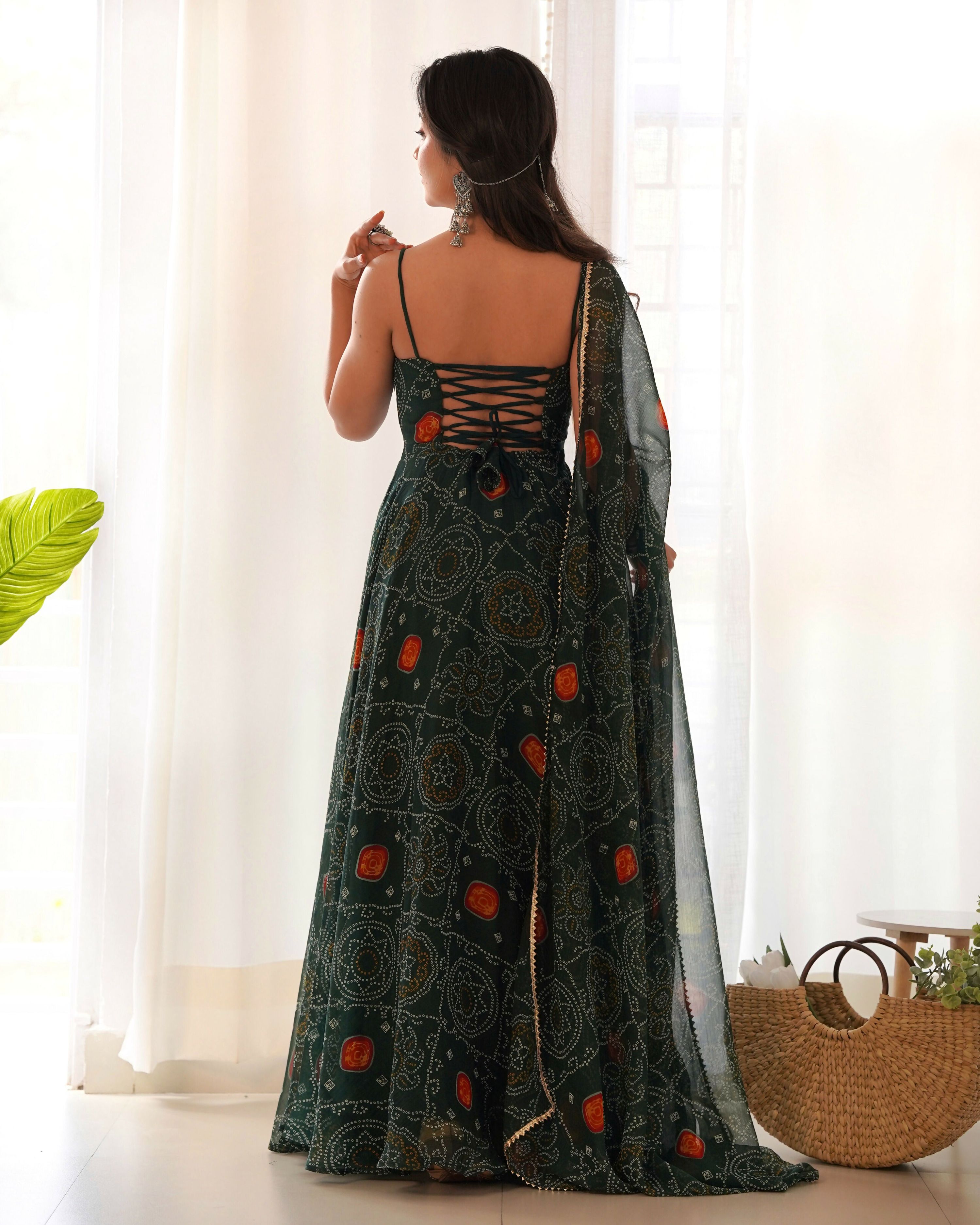 Bottle Green Chiffon Kurta with Sequin Embroidery Work