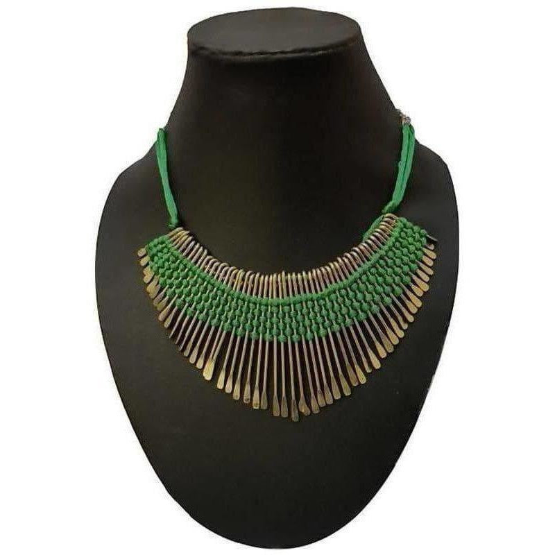 Latest design green threaded necklace for women, featuring handcrafted ethnic details.