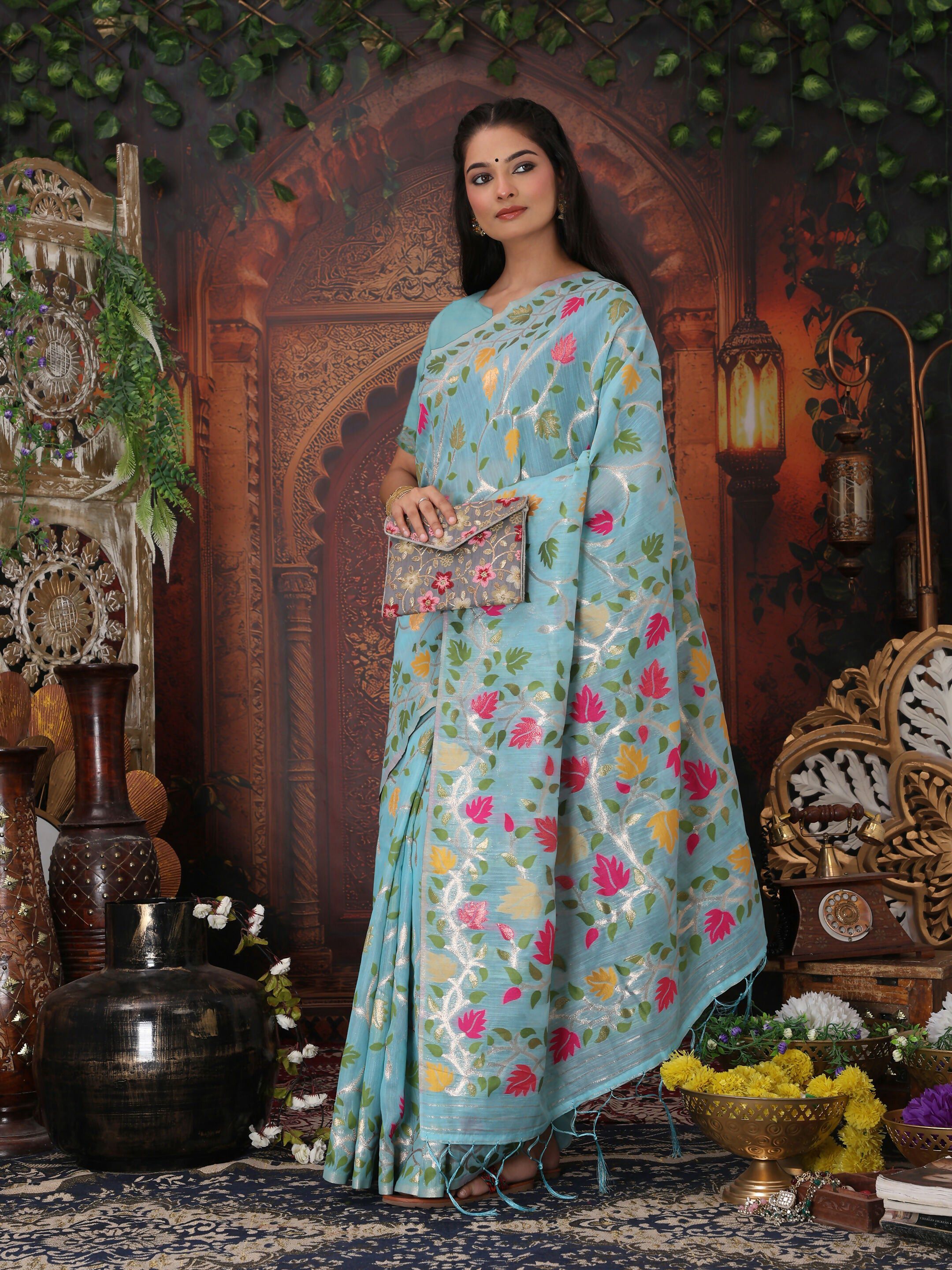 Shree Shyam Fashion Linen Cotton Sky Blue Saree