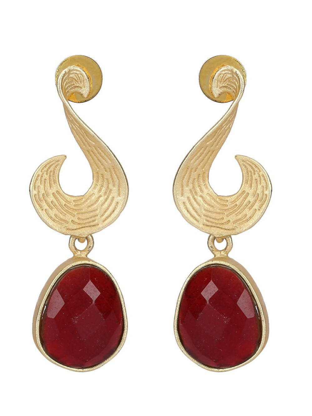 Matte Gold Drop Earrings with Red Stone Accent