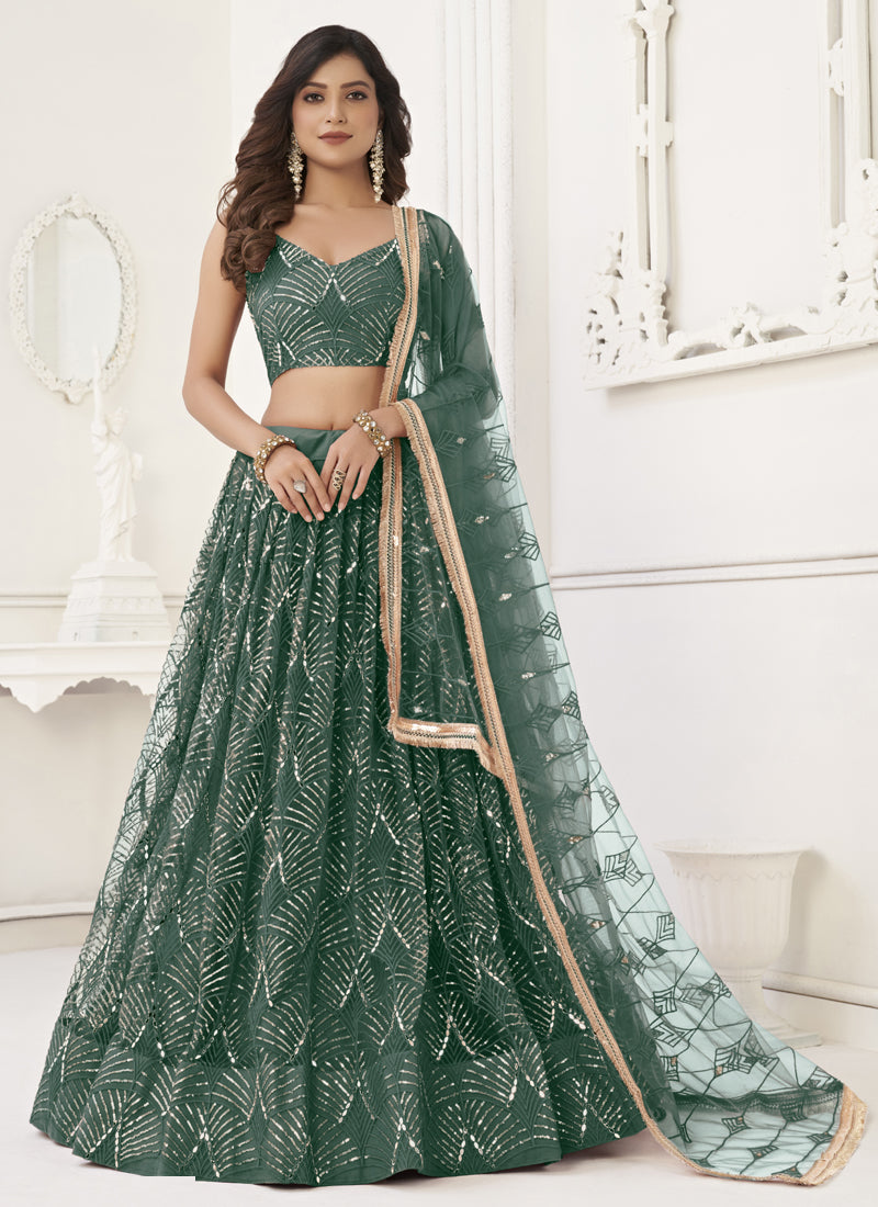 Green butterfly net lehenga with sequin embroidery and matching dupatta
