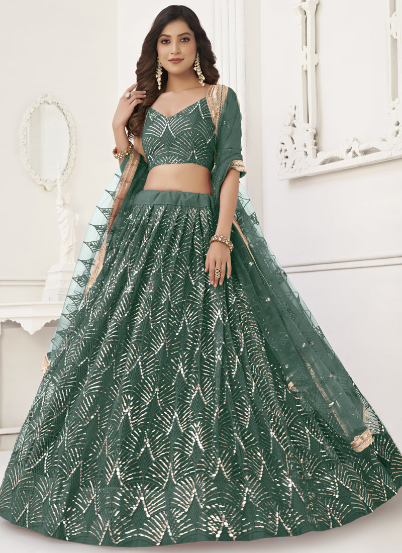 Green Butterfly Net Embroidered Sequins Designer Lehenga Choli Set