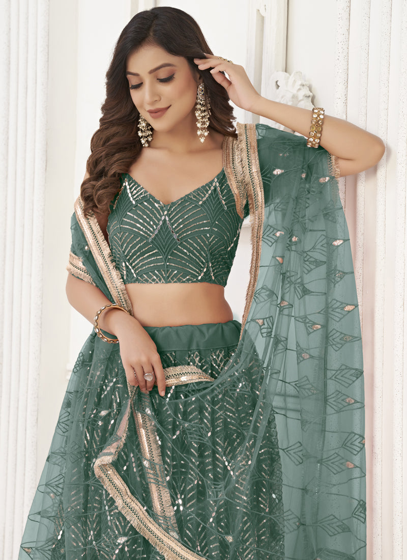 Green Butterfly Net Embroidered Sequins Designer Lehenga Choli Set